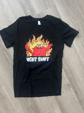 Night Shift Graphic Tee with Flaming Cartoon